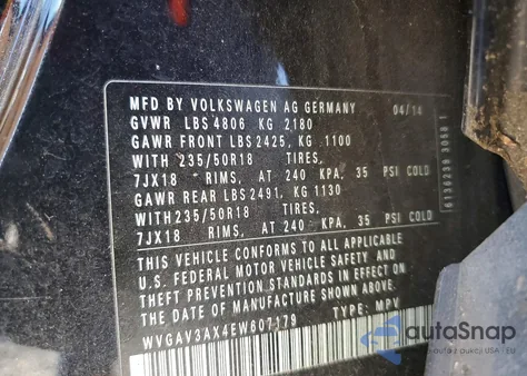 2014 Volkswagen Tiguan S из США, поврежденный, VIN WVGAV3AX4EW607179